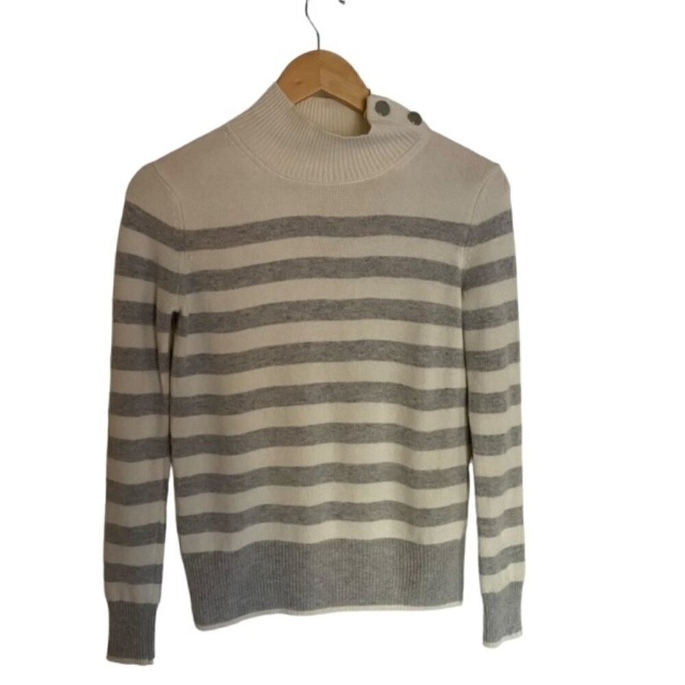 Magaschoni White & Grey Striped Wool Blend Button Mock Neck Sweater XSma…